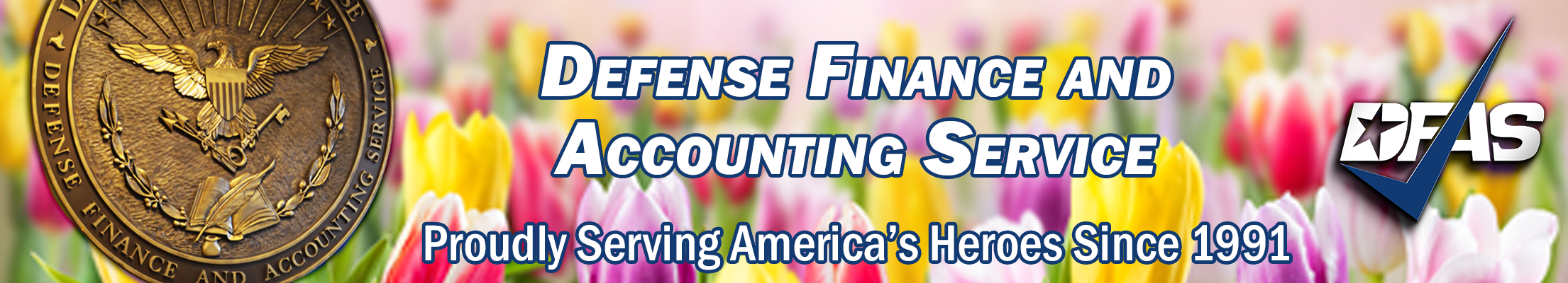 DFAS seal and logo with tulips in background