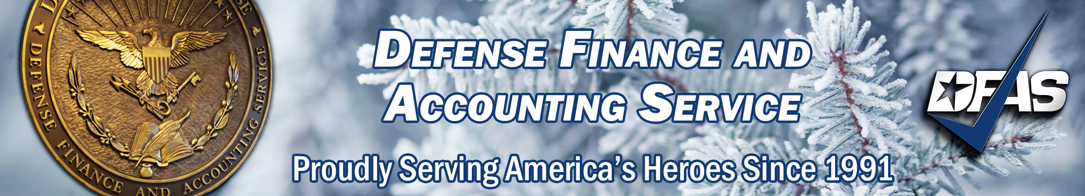 DFAS seal and logo with snow covered pines background