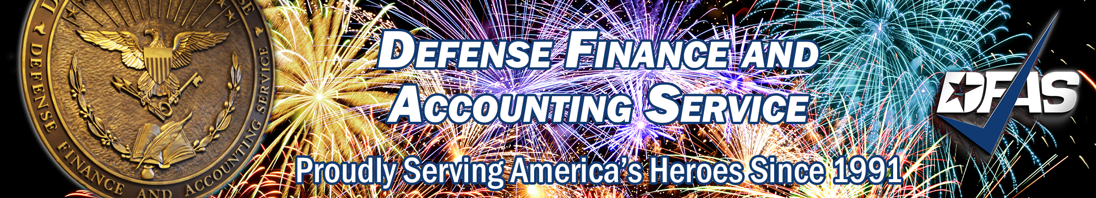 DFAS logo and seal with fireworks in background